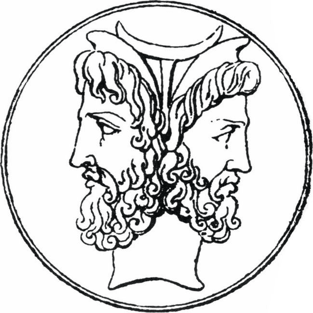 Gravure de Janus d’après une monnaie romaine : deux visages barbus tournés dos à dos, dans un médaillon circulaire